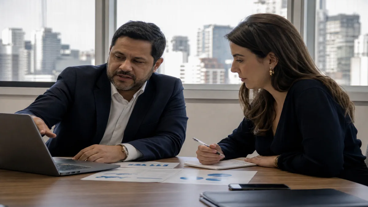 Consultor discutindo opções de seguro de vida com cliente em escritório moderno.
