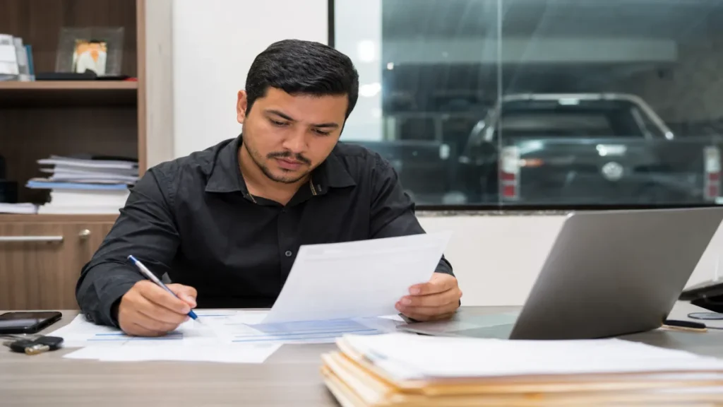Especialista revisando documentos de comparação de coberturas relacionados à seguro auto em mesa de trabalho.