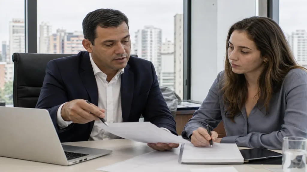 Especialista revisando documentos de dicas para avaliar seguradoras relacionados à seguro de vida em mesa de trabalho.