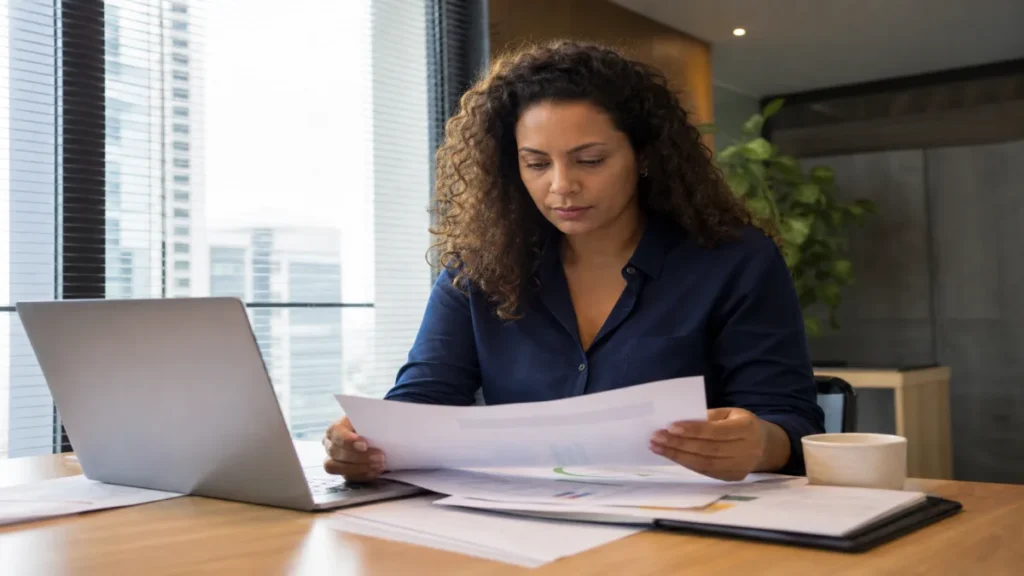 Especialista revisando documentos de segurança e tranquilidade relacionados à 3 vantagens de seguros residenciais em mesa.