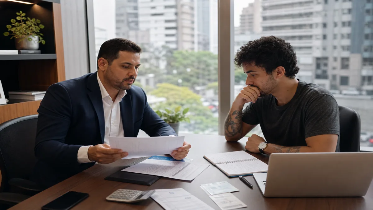 corretor analisando cotações de seguro para freelancers com notebook e apólices em escritório em São Paulo