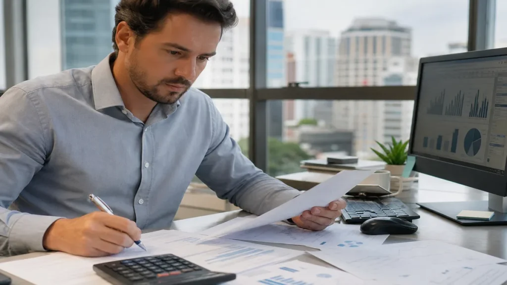 Especialista revisando documentos de responsabilidade civil empresarial relacionados à seguro residencial vs empresarial.