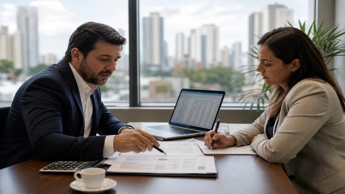 Atendimento técnico em corretora em São Paulo, com análise de apólice e cotação de seguro em mesa de reunião